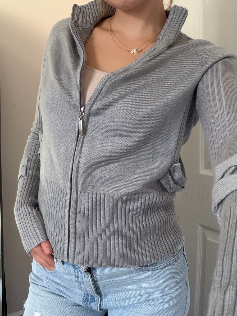 Yoki Gray Ribbed Zip-Up Knit Jacket - Picture 2 of 4
